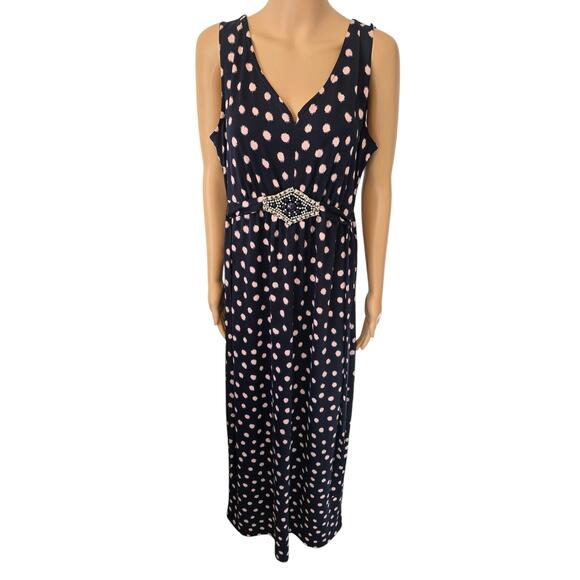 Nina Leonard Dresses & Skirts - Nina Leonard Dark Blue White Polka Dot V-Neck Ruched Sleeveless Dress Large